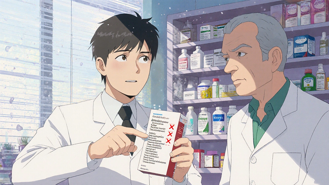 Un pharmacien montre les ingrédients dangereux d&#039;un médicament contre le rhume à un patient.