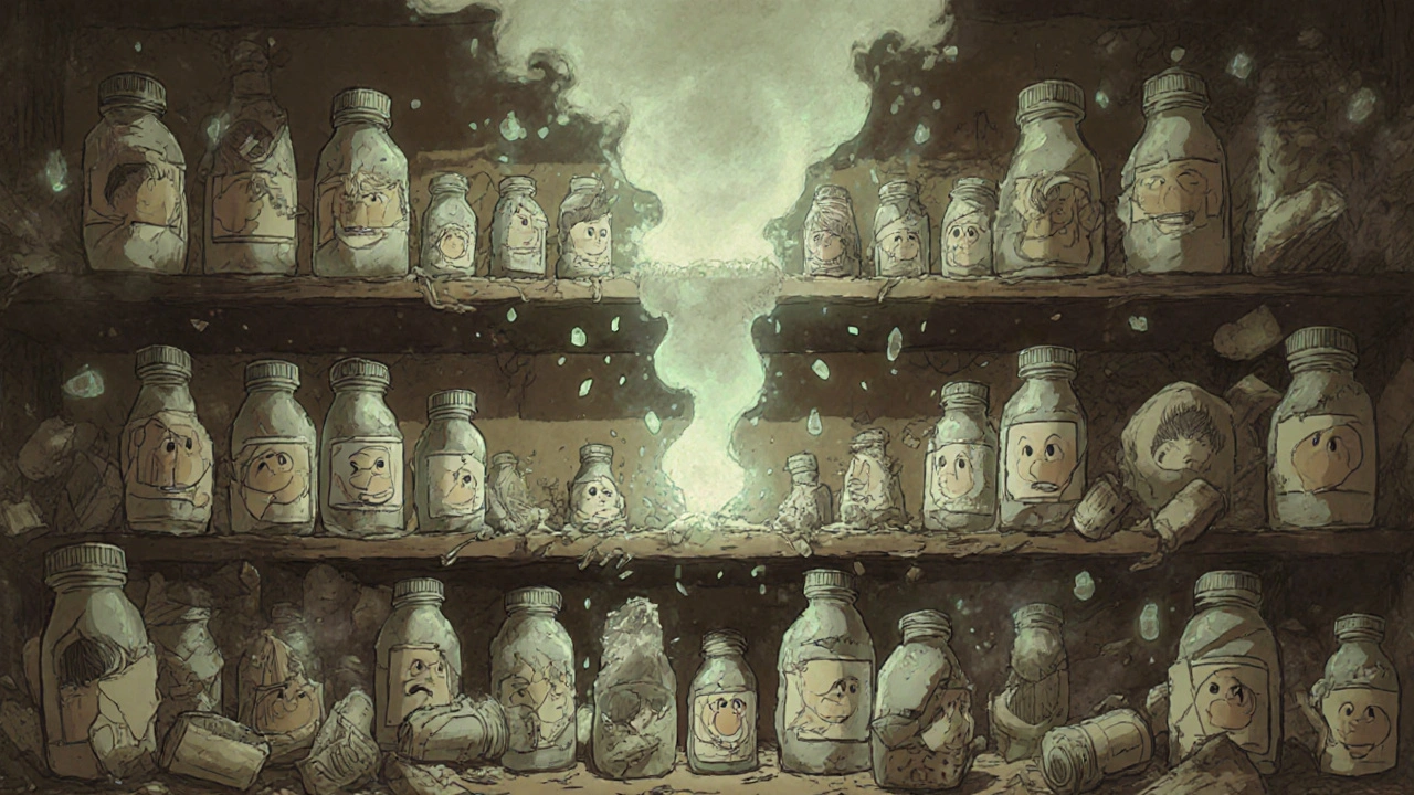 Une étagère de pharmacie en ruine libère des visages humains parmi des bactéries lumineuses qui forment un esprit de fumée, symbole de la résistance aux antibiotiques.