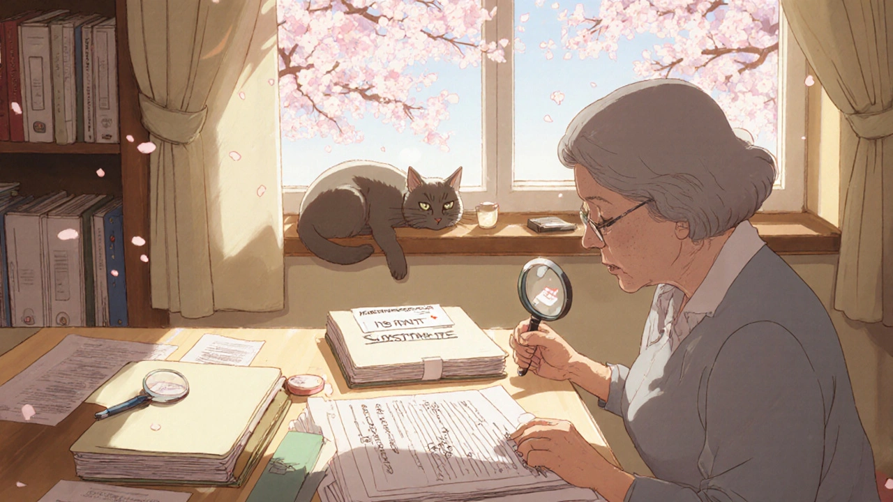 Une femme âgée lit une ordonnance à la table de cuisine, entourée de documents et de pétales de cerisier.