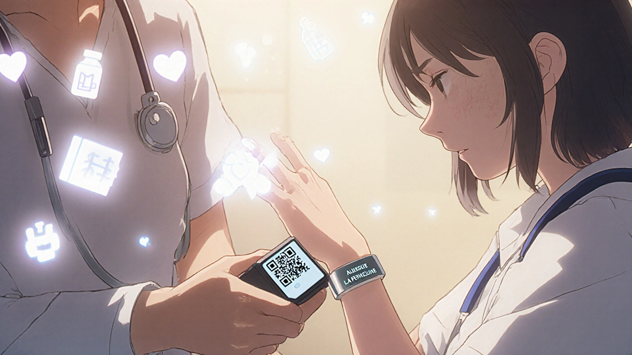 Une infirmière scanne un bracelet médical QR dans une salle d&#039;urgence, des symboles médicaux flottent doucement autour d&#039;elle.