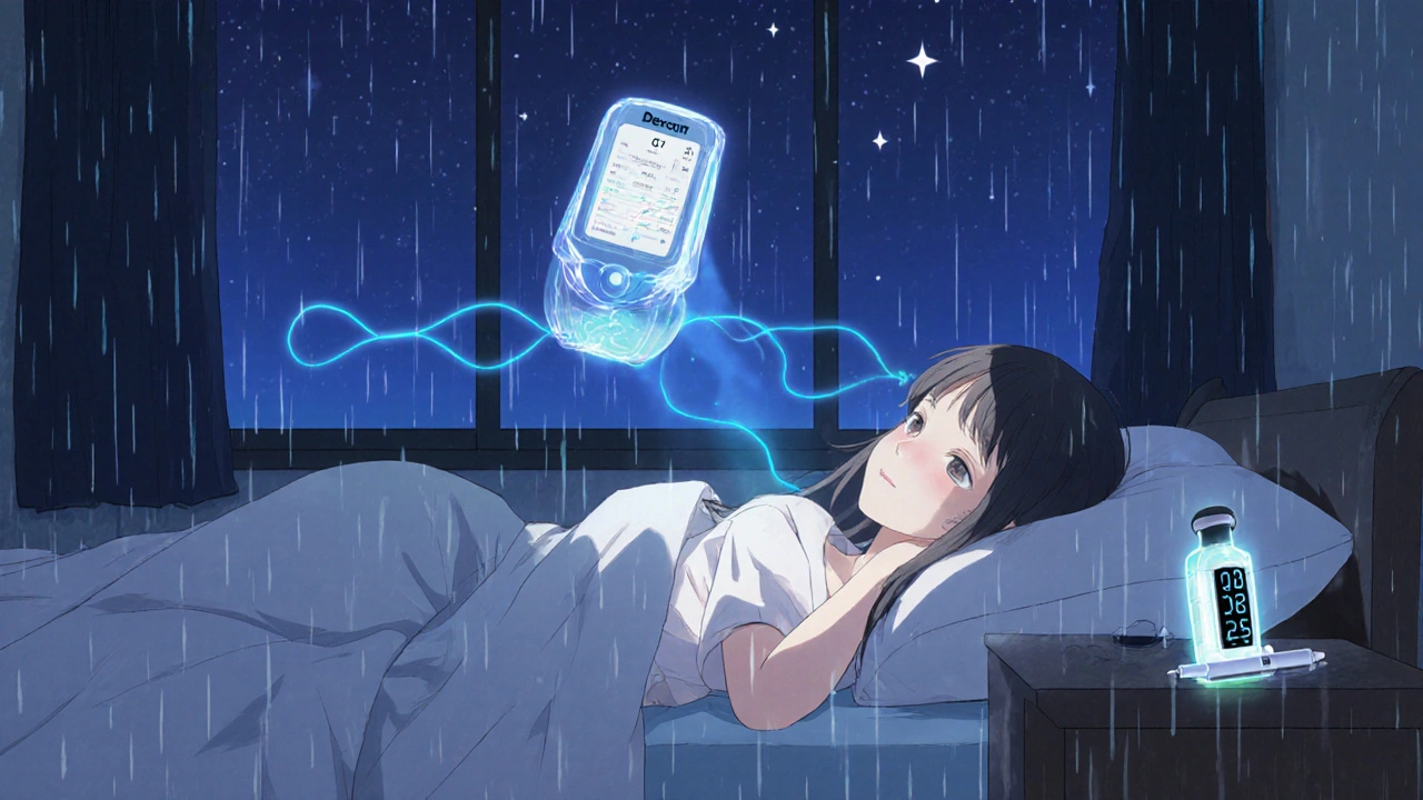 Une jeune fille dormante avec un capteur de glycémie flottant au-dessus d&#039;elle, sous un ciel étoilé.