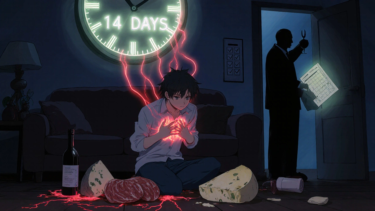 Une personne en détresse entourée d&#039;aliments interdits, avec un horloge fantôme affichant &#039;14 JOURS&#039;.