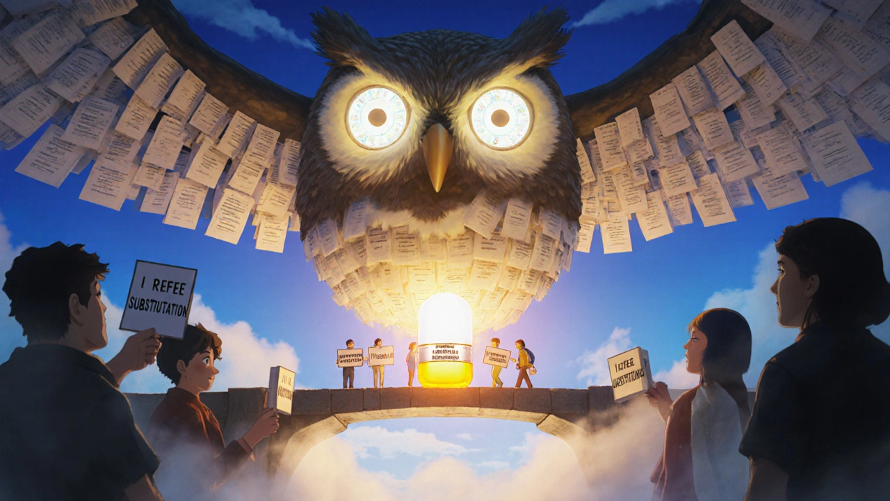 Une pharmacie flottante en forme de hibou, où des patients avancent vers une capsule médicale lumineuse.