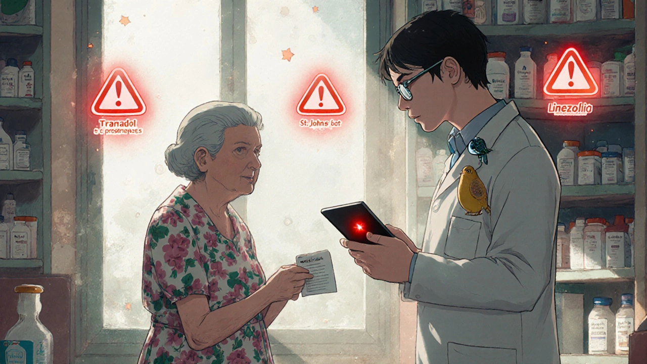Une pharmacienne française vérifie une ordonnance sous un écran d&#039;alerte rouge, entourée de compléments dangereux.