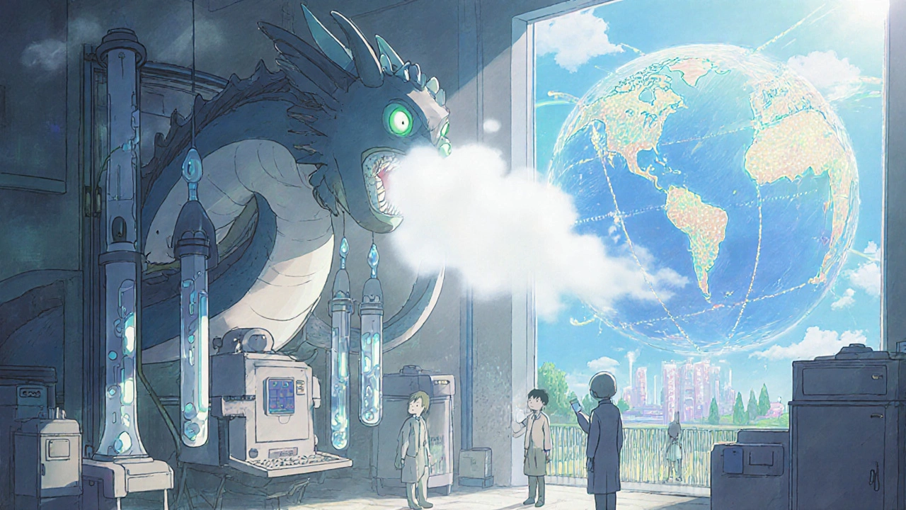 Usine moderne avec des systèmes de fabrication continue ressemblant à des dragons mécaniques, produisant des médicaments en flux lumineux.