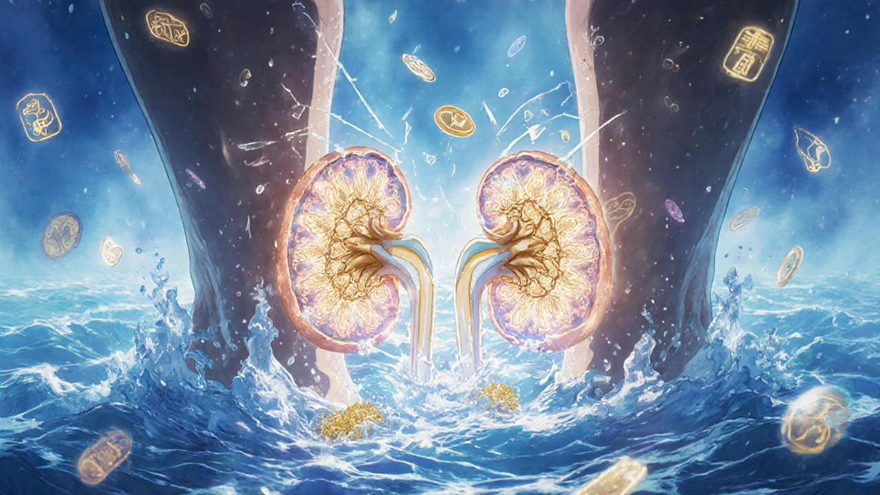 Vue microscopique des filtres rénaux qui se déchirent, des protéines s&#039;échappant vers des œdèmes.