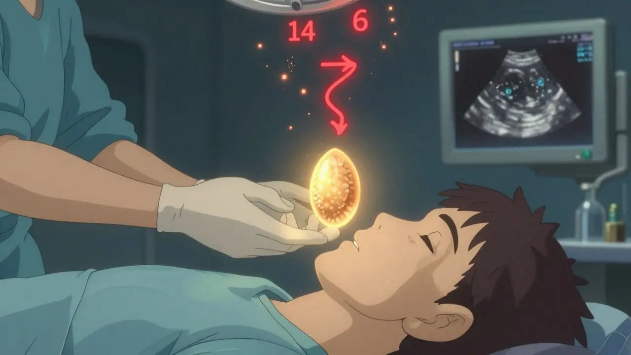 Adénome lumineux au niveau du cou, enlevé par une lumière douce, avec des chiffres de calcium qui tombent comme des étoiles.