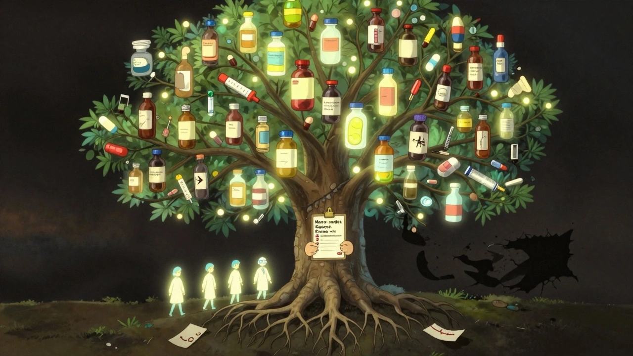 Arbre magique composé de formes posologiques, avec des mains humaines tenant une checklist de sécurité médicamenteuse.