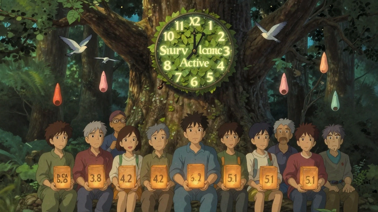 Des hommes sous un arbre ancien, tenant des lanternes avec des valeurs PSA, un horloge feuillue au-dessus d&#039;eux.