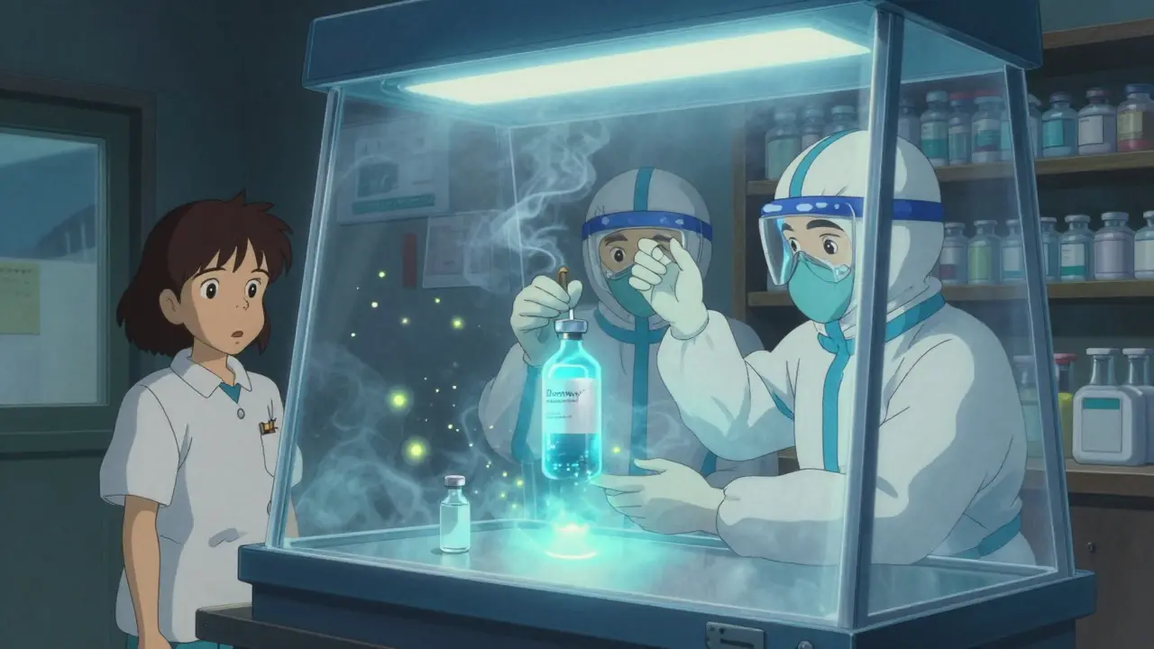 Deux pharmaciens en tenue de protection préparent un médicament toxique dans une cabine de sécurité lumineuse.