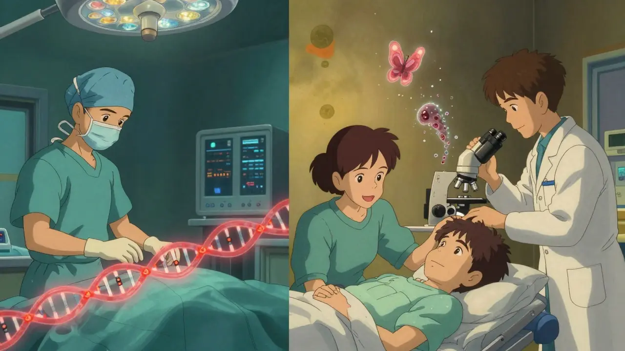 Deux scènes parallèles : une chirurgie prévue et une tumeur qui disparaît sous un microscope, entourées de particules lumineuses.