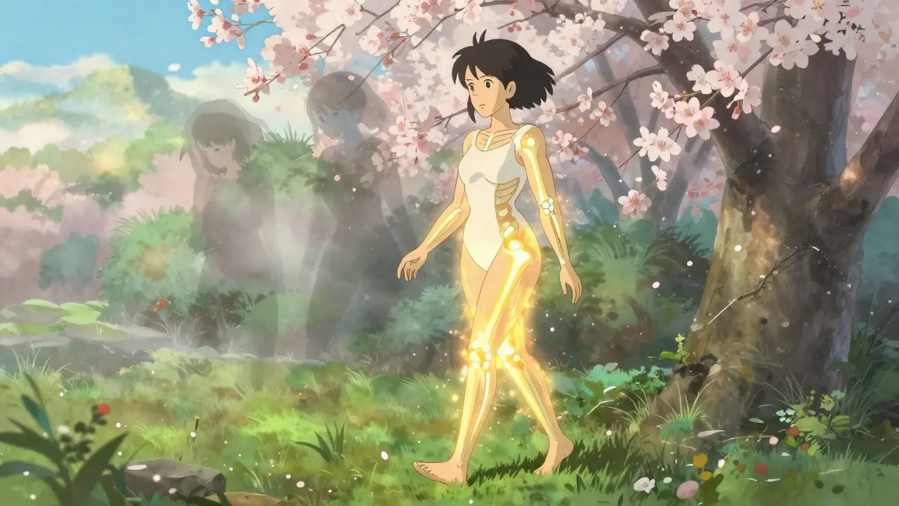 Femme marchant dans un jardin au lever du soleil, sa santé se rétablit progressivement, les ombres de sa maladie disparaissent.