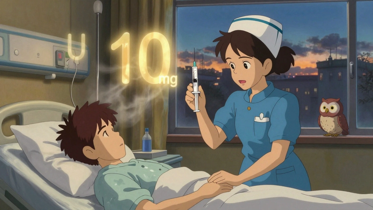 Infirmière vérifie à voix haute la dose d&#039;un médicament à côté d&#039;un patient endormi, avec une lumière dorée soulignant l&#039;espace entre le chiffre et l&#039;unité.