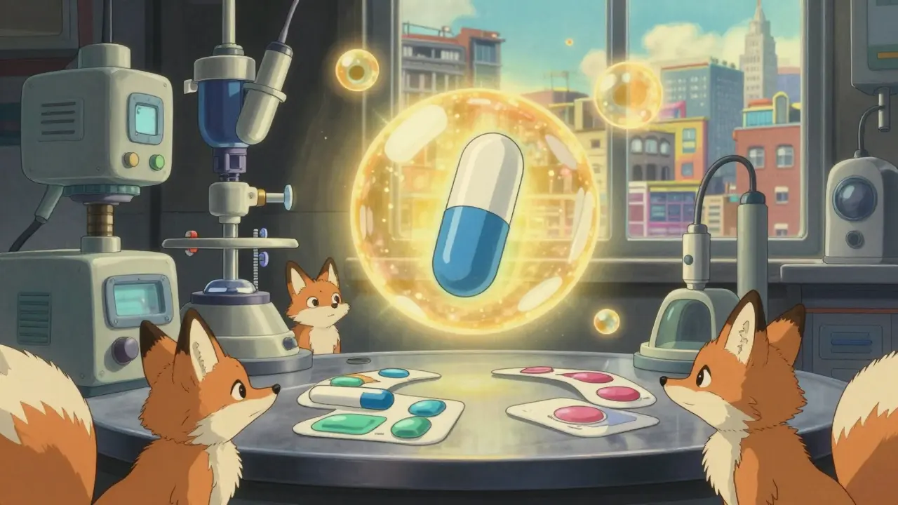 Laboratoire high-tech avec des inhalateurs et patchs flottants, entourés d'esprits renards, style Studio Ghibli.