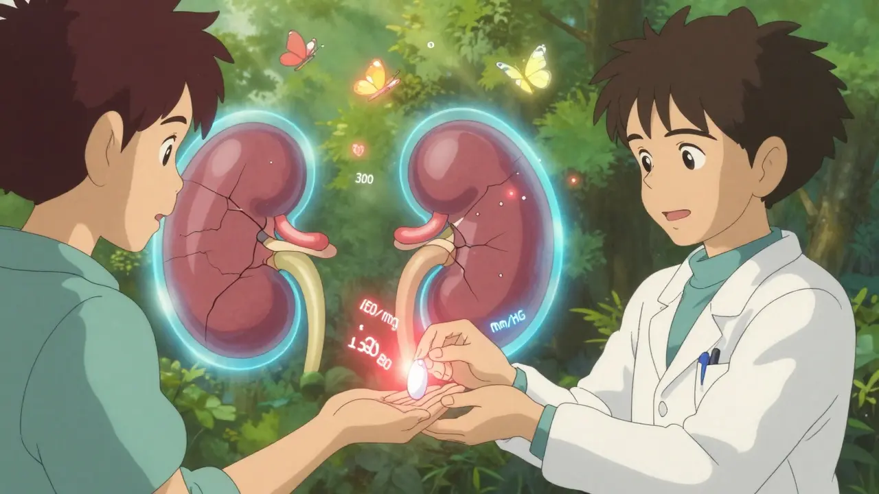 Médecin offrant une pilule lumineuse à un patient, tandis que ses reins se réparent doucement dans un halo de lumière.