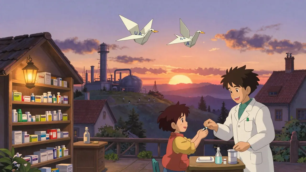 Pharmacie de village européen au coucher du soleil, avec un enfant recevant un médicament, style Studio Ghibli.
