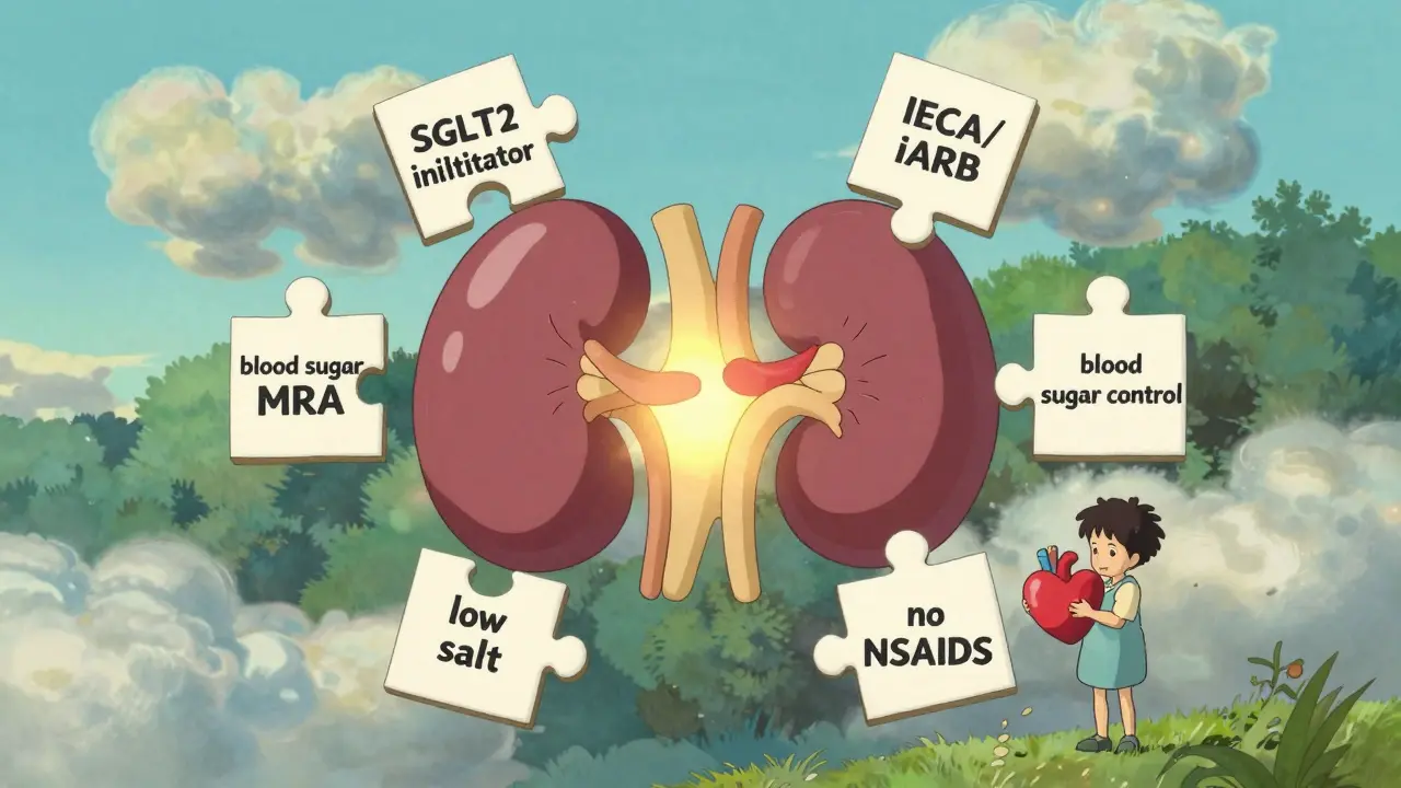 Puzzle géant de soins rénaux avec des pièces flottantes autour d'un rein central, dans un style apaisant et naturel.