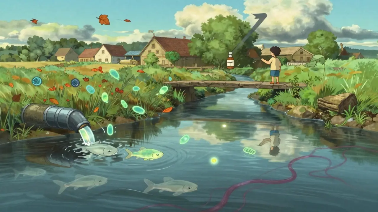 Rivière paisible en France où des bactéries résistantes flottent depuis une ferme, teintant l'eau de lueurs rouges et violettes, dans un style anime doux.