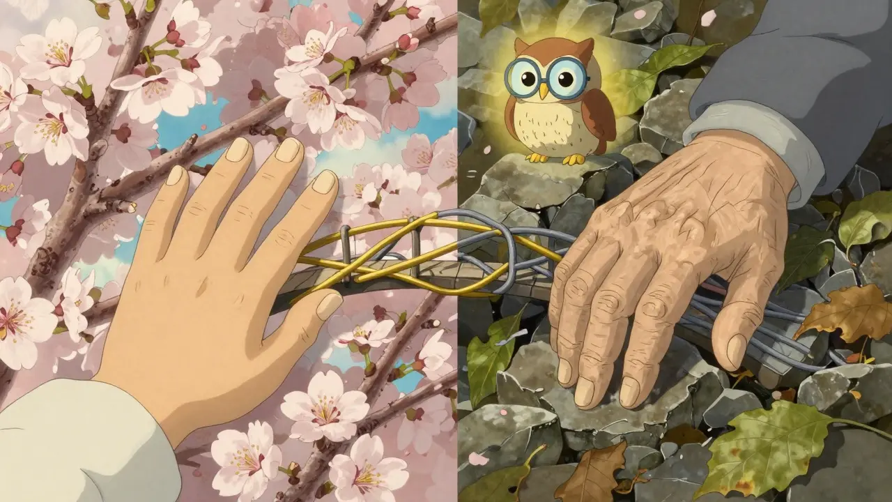 Scène divisée : ongles sains aux fleurs de cerisier, ongles déformés parmi les feuilles mortes, reliés par un pont symbolique.