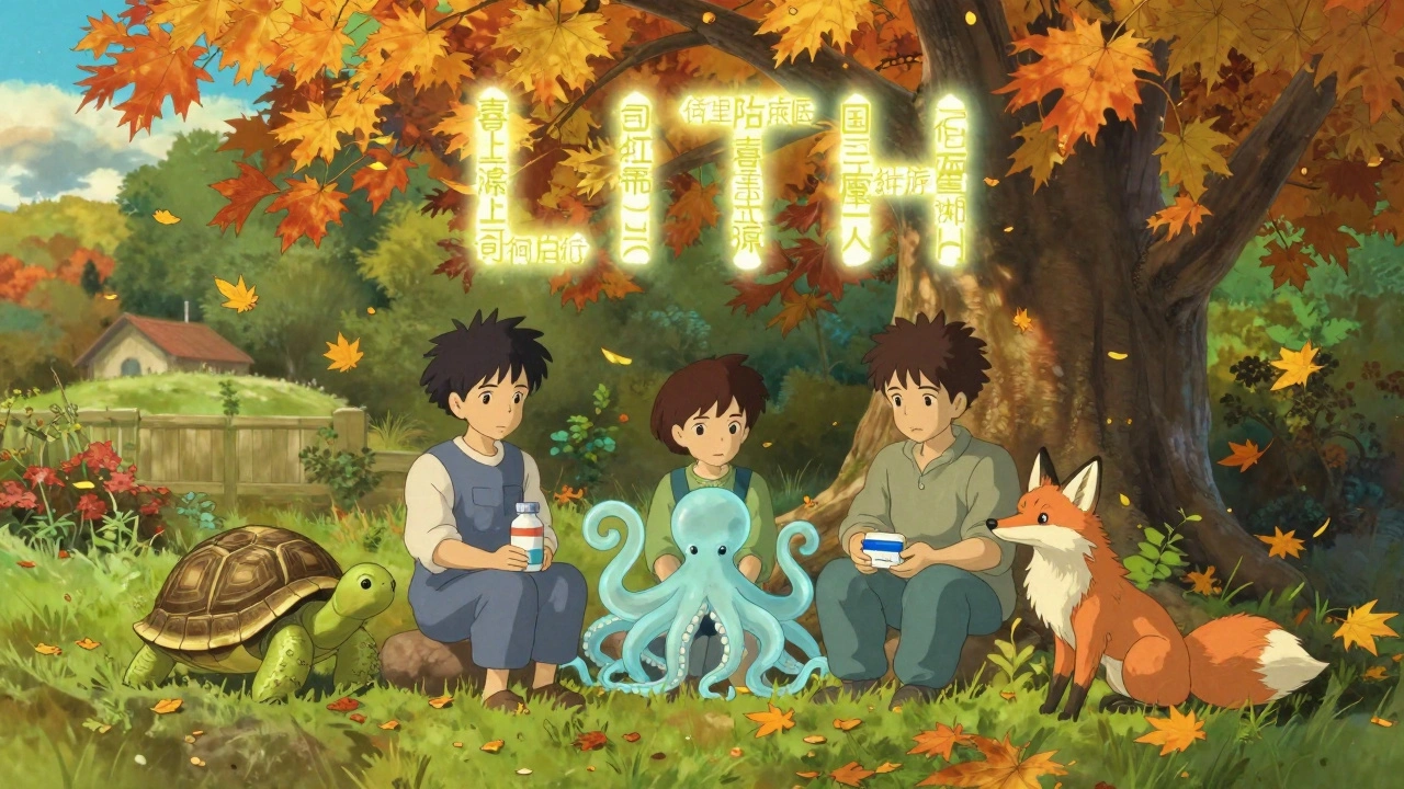 Trois patients sous un arbre automnal, entourés d&#039;esprits animaux représentant leurs traitements, avec un acronyme LITH flottant au-dessus d&#039;eux.