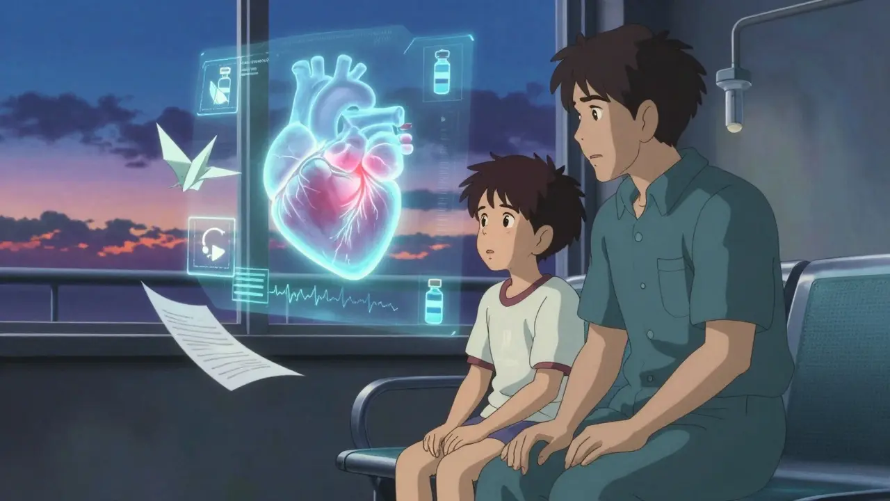 Un adolescent et son parent observent une projection holographique d'un cœur avec un avertissement médical.