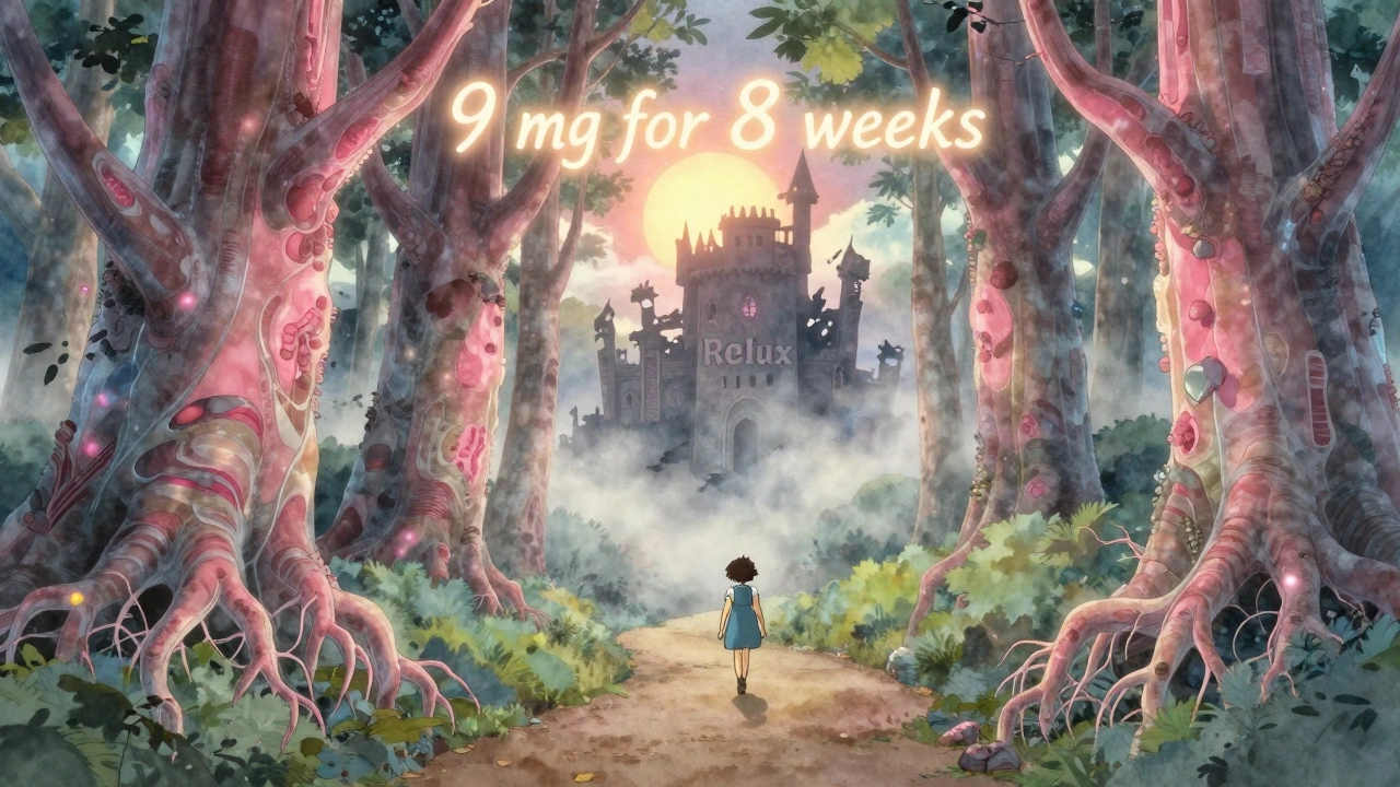 Un chemin magique à travers une forêt de colonnes lumineuses, symbolisant la rémission durable, avec un château sombre qui disparaît dans la brume.