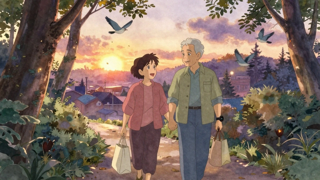 Un couple âgé marche main dans la main dans un sentier forestier au coucher du soleil, symbolisant une vie saine et durable.