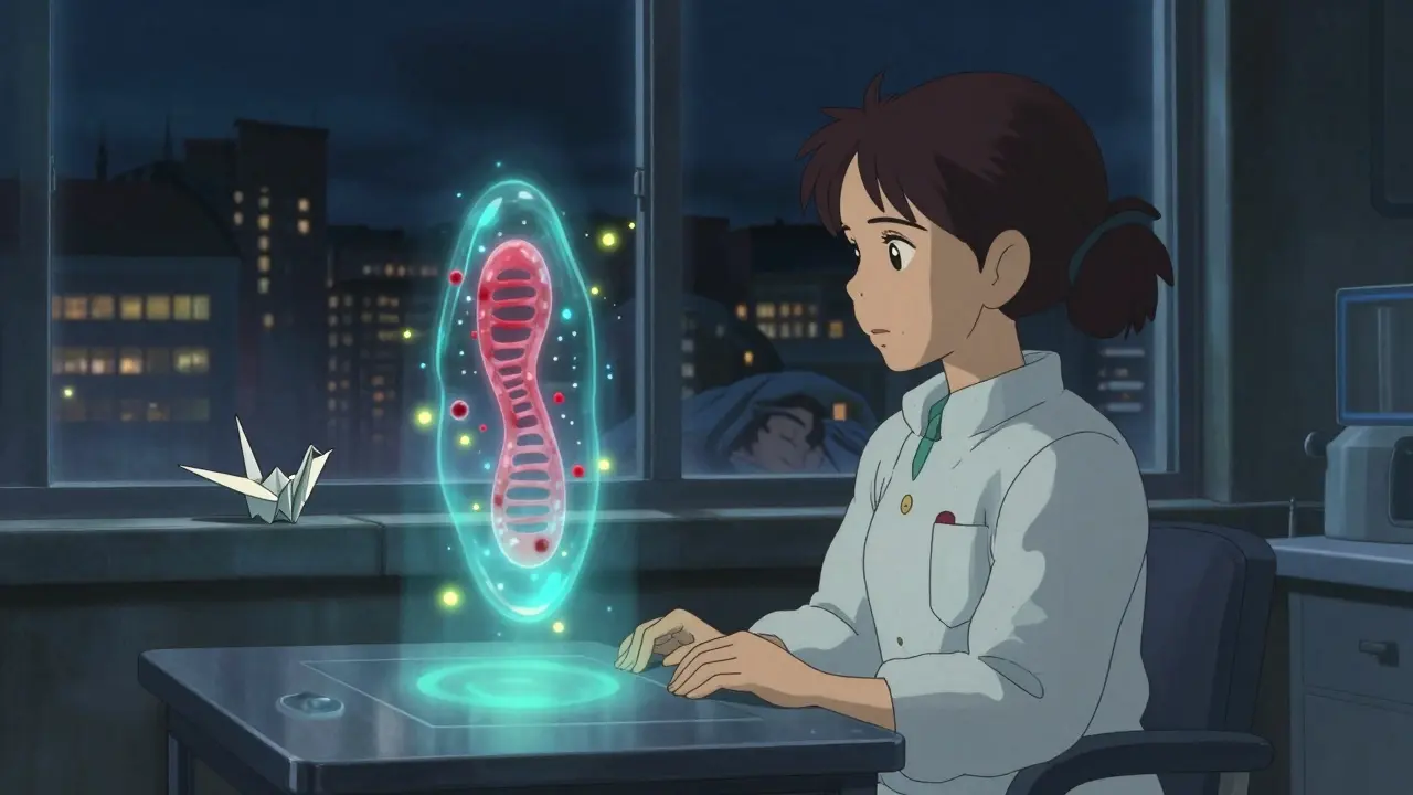 Un échantillon de sang holographique émet des lumières comme des lucioles, symbolisant la détection du cancer résiduel dans un laboratoire silencieux.