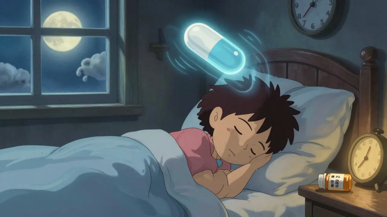 Un enfant endormi sous la lune, une pilule bleue flottant au-dessus de sa tête, une bouteille de prednisone fermée à côté.