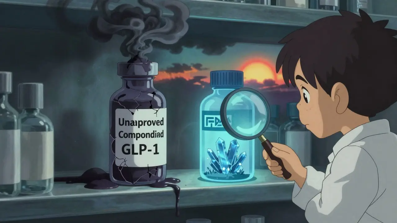 Un flacon non approuvé fume sombrement à côté d'une bouteille FDA lumineuse, symbolisant le risque et la sécurité.