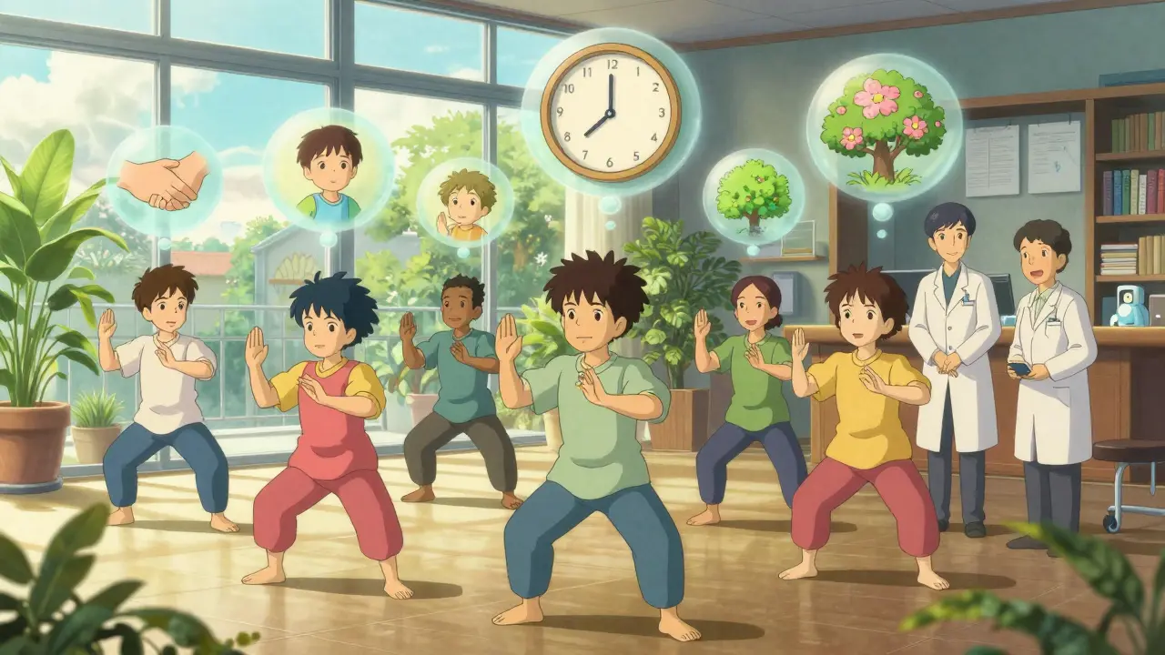 Un groupe de patients pratiquant le tai chi dans une salle lumineuse, accompagnés par une équipe soignante bienveillante.