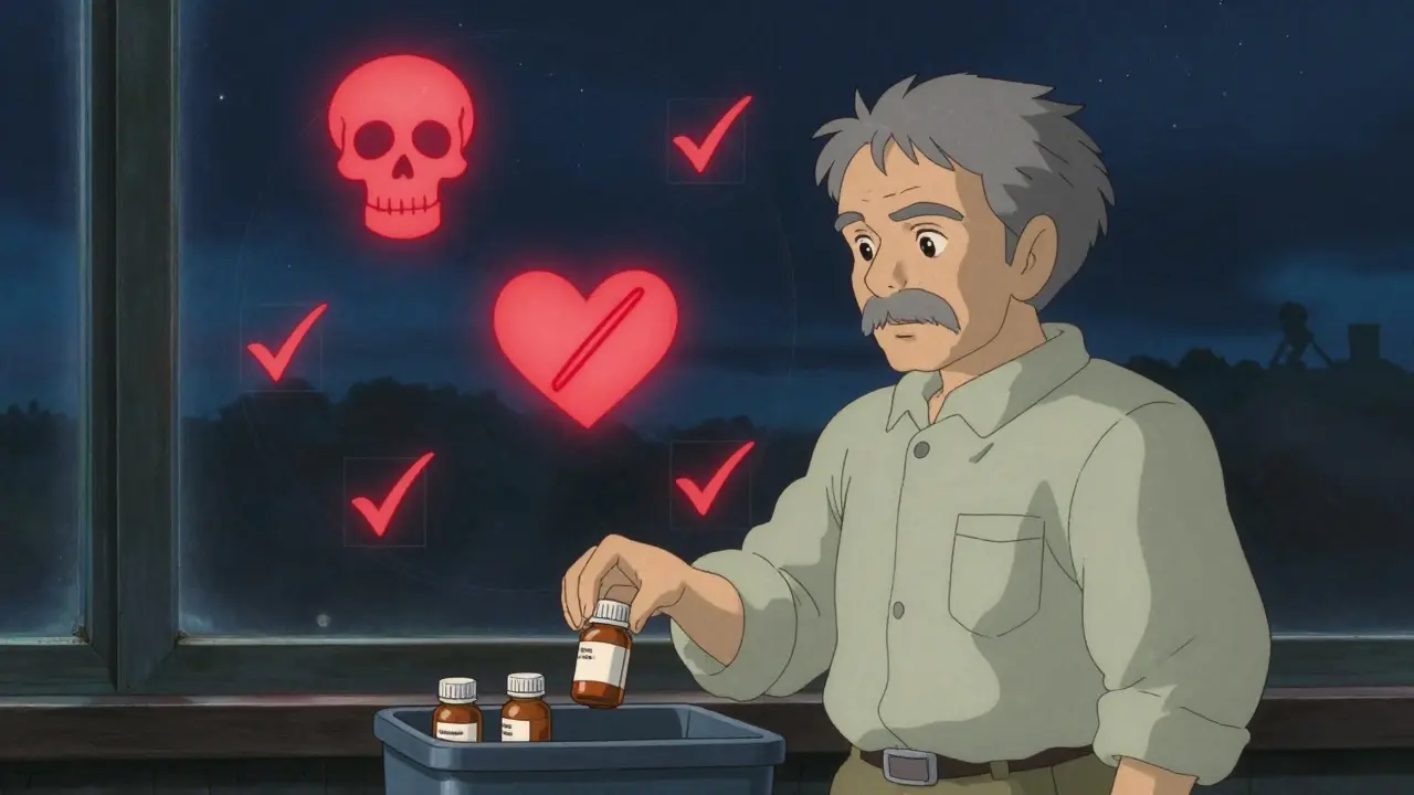 Un homme dépose un médicament périmé dans un bac de retour, tandis que des symboles de sécurité flottent dans la nuit.