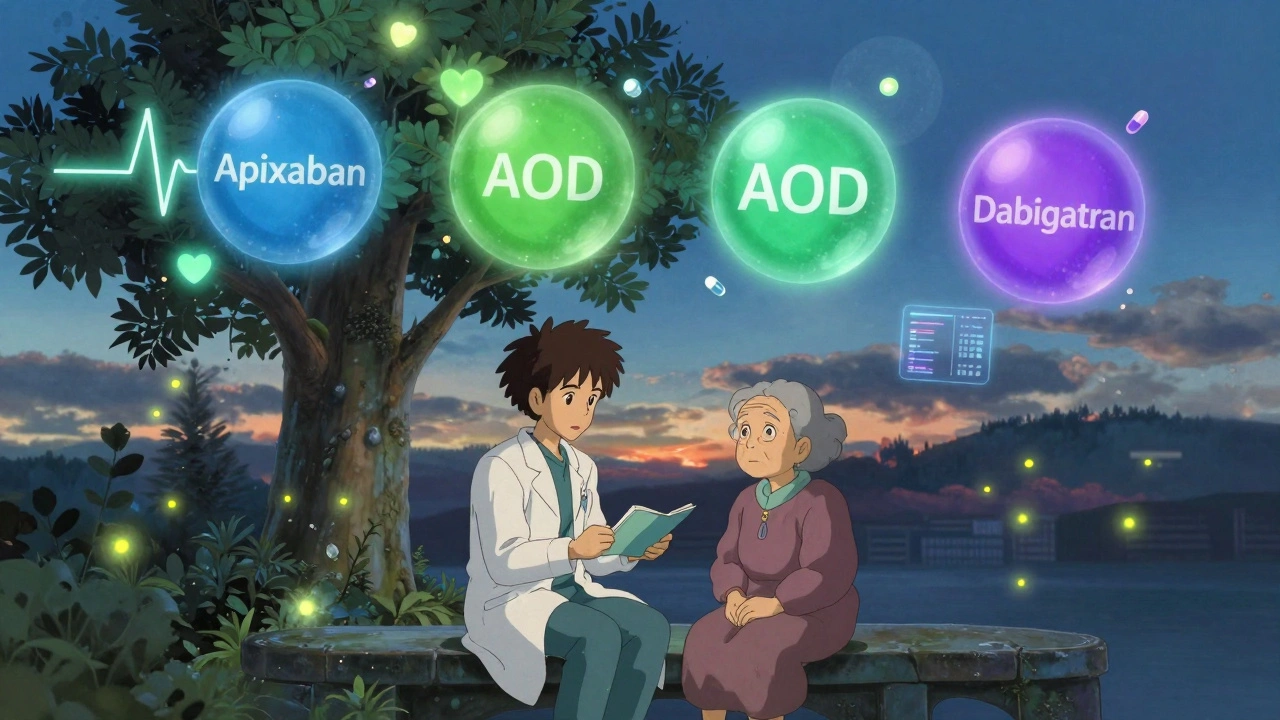 Un médecin et un patient discutent sous un arbre aux feuilles de battements de cœur, entourés d&#039;orbites médicamenteuses.