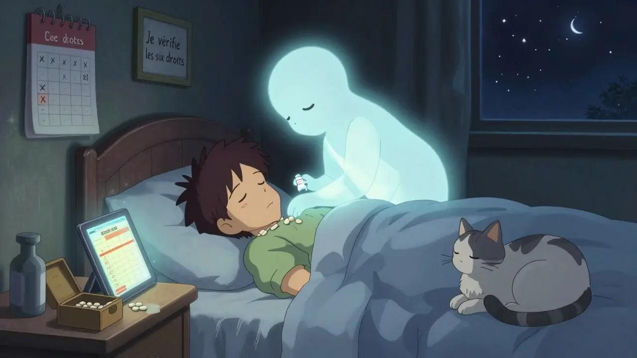 Un patient dort paisiblement, tandis qu'une lumière douce dépose une pilule étiquetée dans une boîte de rangement.