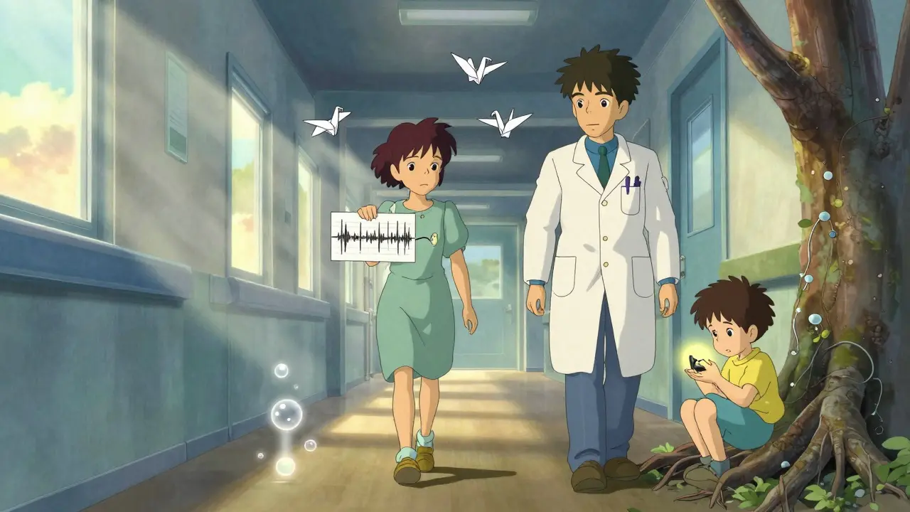 Un patient et un médecin marchent ensemble, des feuilles d'audiogramme flottent comme des grues de papier.