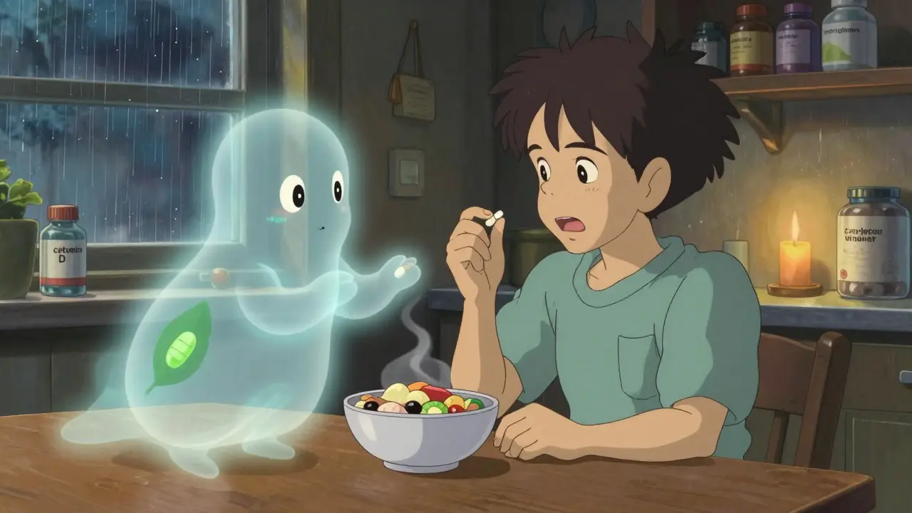 Un patient prend un comprimé oral accompagné d'un esprit de nutrition sous forme de feuille flottante, dans une cuisine chaleureuse.