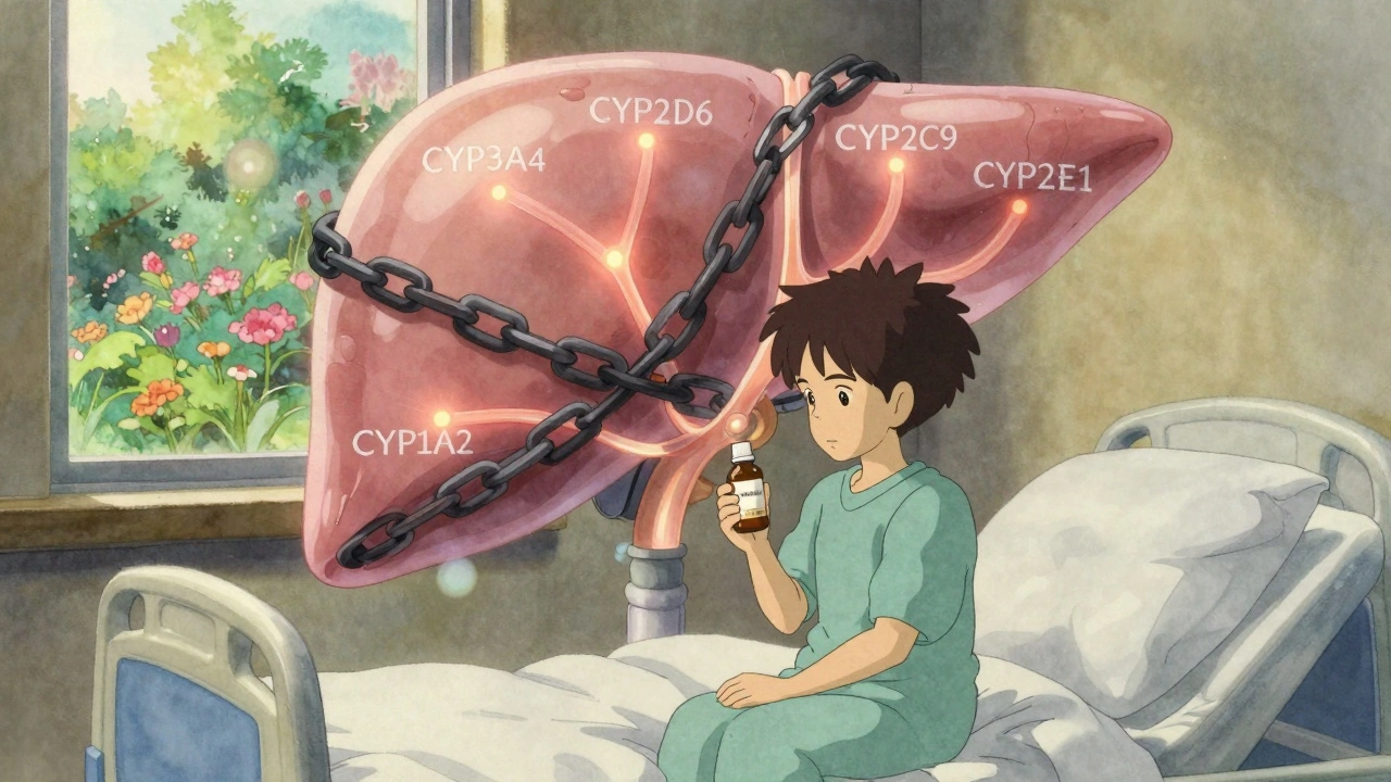 Un patient regarde un foie géant bloqué par des chaînes, tandis qu&#039;un jardin paisible se voit à la fenêtre, dans un style anime doux et mélancolique.