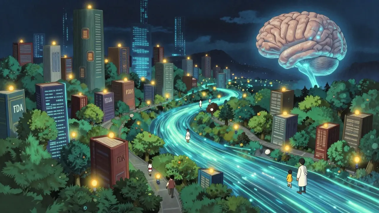 Un paysage numérique fantastique représente le système de surveillance des médicaments de la FDA.
