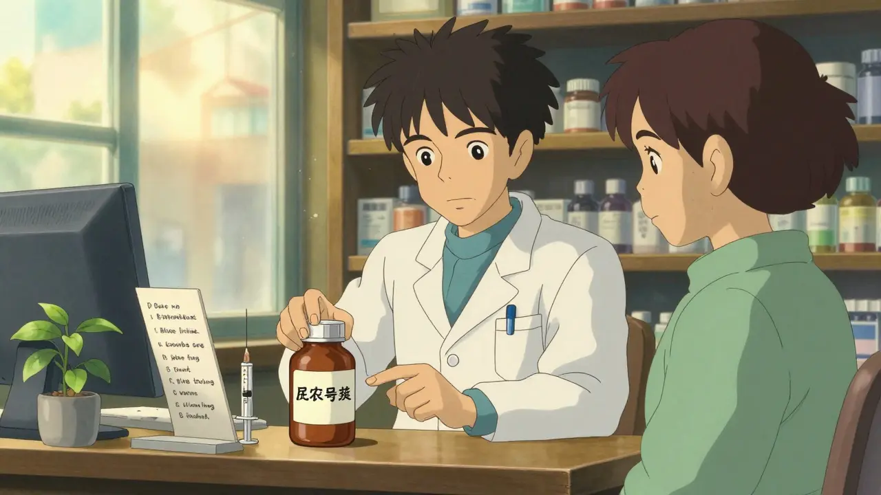 Un pharmacien aide un patient à comprendre son traitement, avec une liste complète des médicaments sur le comptoir.