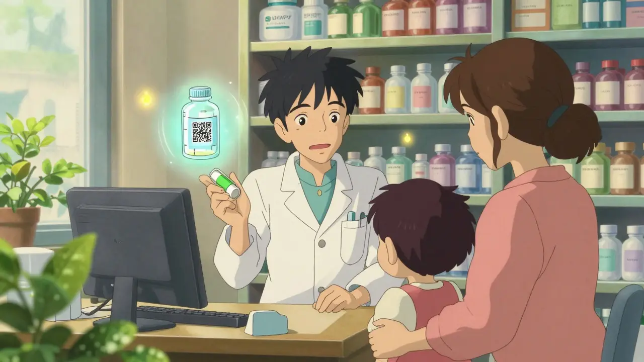 Un pharmacien explique les doses à une mère et son enfant, avec des diagrammes flottants et un code QR lumineux.