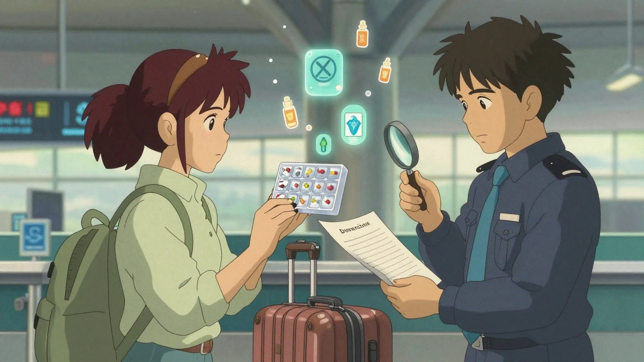 Un voyageur montre ses médicaments à un agent de douane dans un aéroport, une lettre médicale à la main.