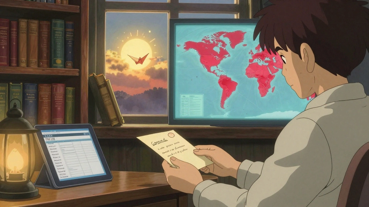 Un voyageur reçoit une lettre officielle dans une ambassade, une carte mondiale projette des zones d&#039;avertissement.