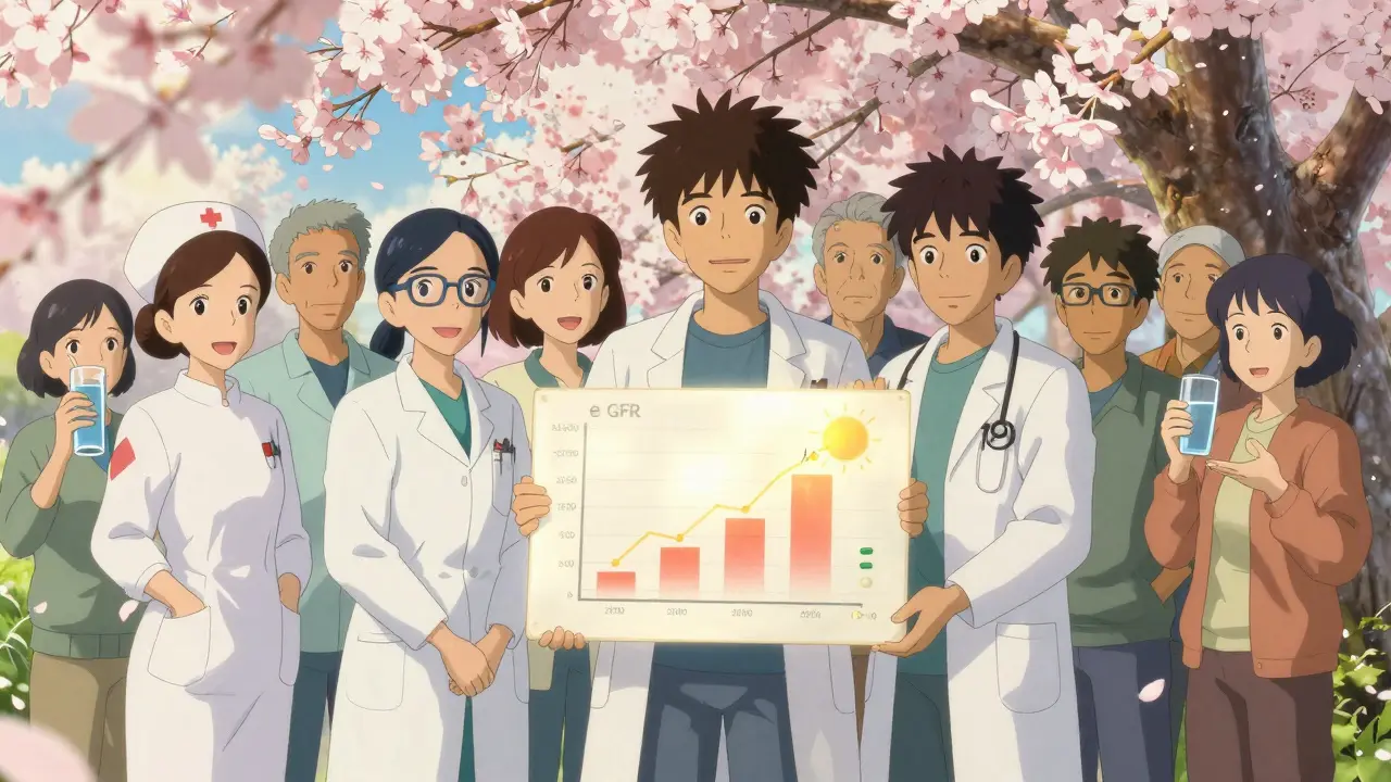 Une équipe médicale sous des cerisiers en fleurs observe un graphique de fonction rénale qui s'améliore comme un lever de soleil.