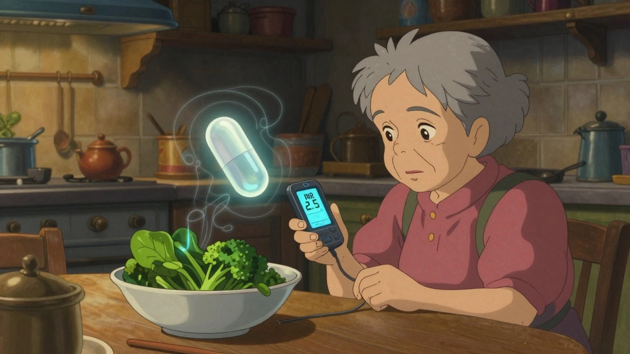 Une femme âgée observe un chiffre INR dans une cuisine chaleureuse, près de légumes verts.