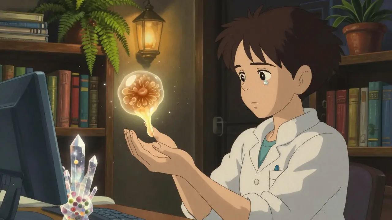 Une femme observe son ongle sous la lumière, entourée de formes spirituelles représentant infection et système immunitaire.