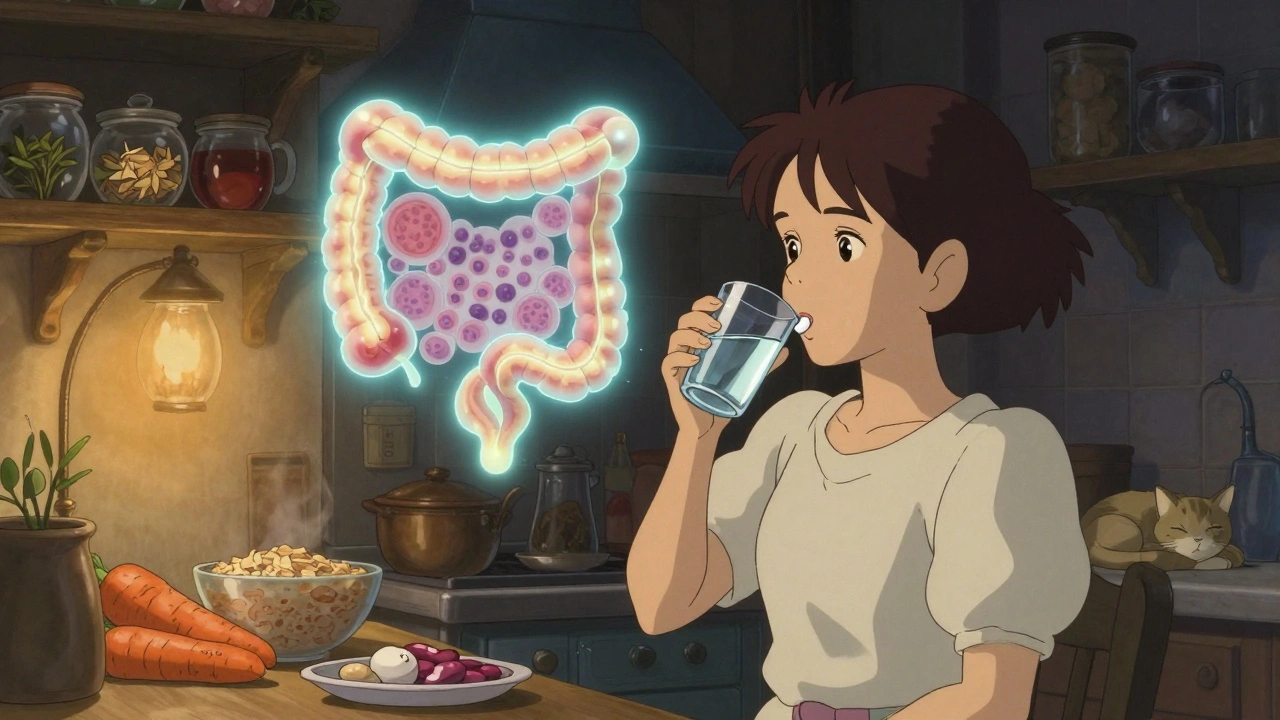 Une femme prend une gélule de budesonide dans une cuisine chaleureuse, tandis qu&#039;une micrographie flottante de son côlon brille doucement au-dessus d&#039;elle.