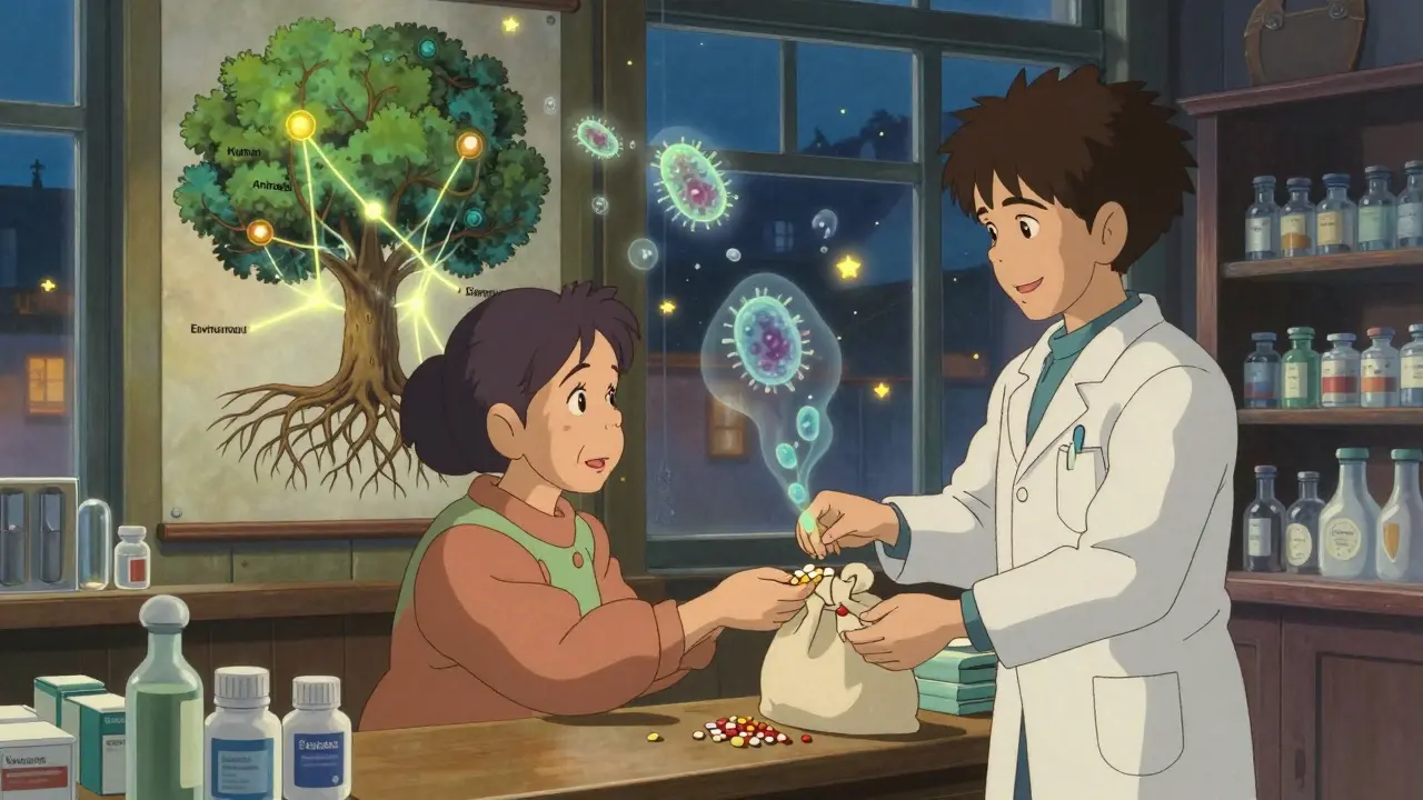 Une grand-mère rend des antibiotiques à la pharmacie, tandis que des bactéries fantômes s'élèvent en forme de lucioles, dans un décor apaisant de style Ghibli.