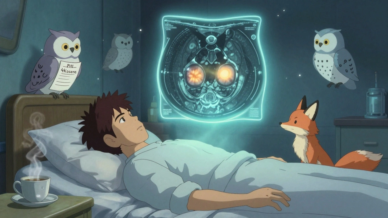 Une IRM flottante au-dessus d&#039;un homme allongé, entourée de symboles biomédicaux et d&#039;esprits apaisants.