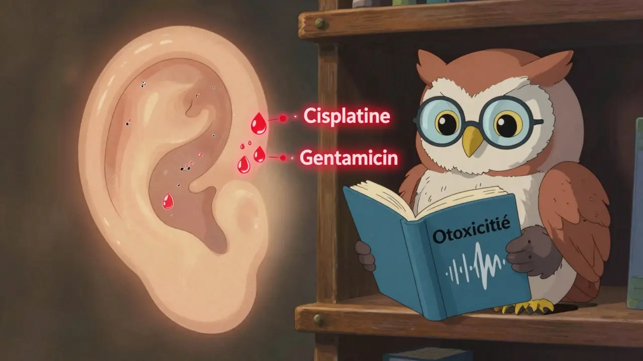 Une oreille transparente avec des cellules endommagées par des gouttes rouges, observée par une chouette sage.