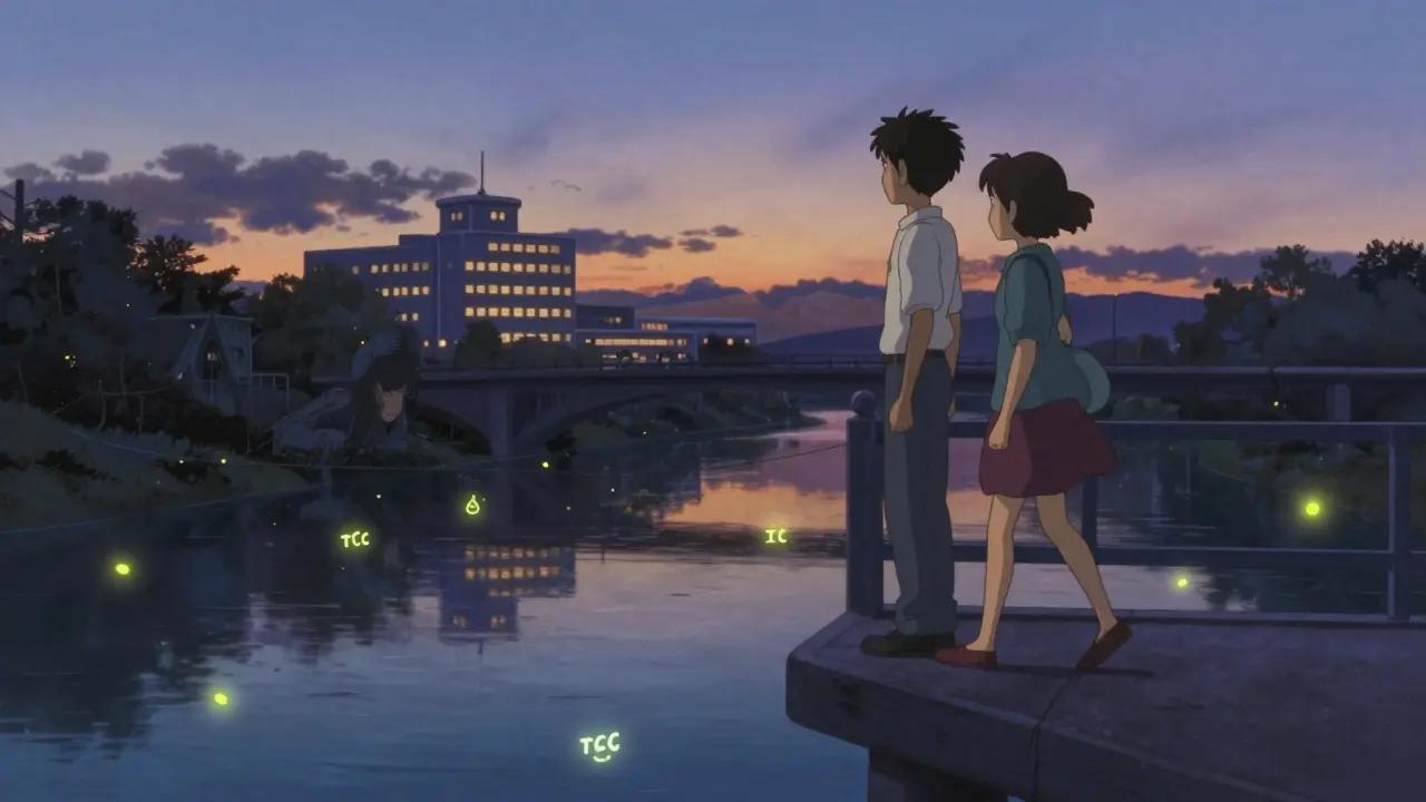 Une personne sur un pont au crépuscule, regardant ses reflets — de la douleur à la force — tandis que des lucioles lumineuses s'élèvent.